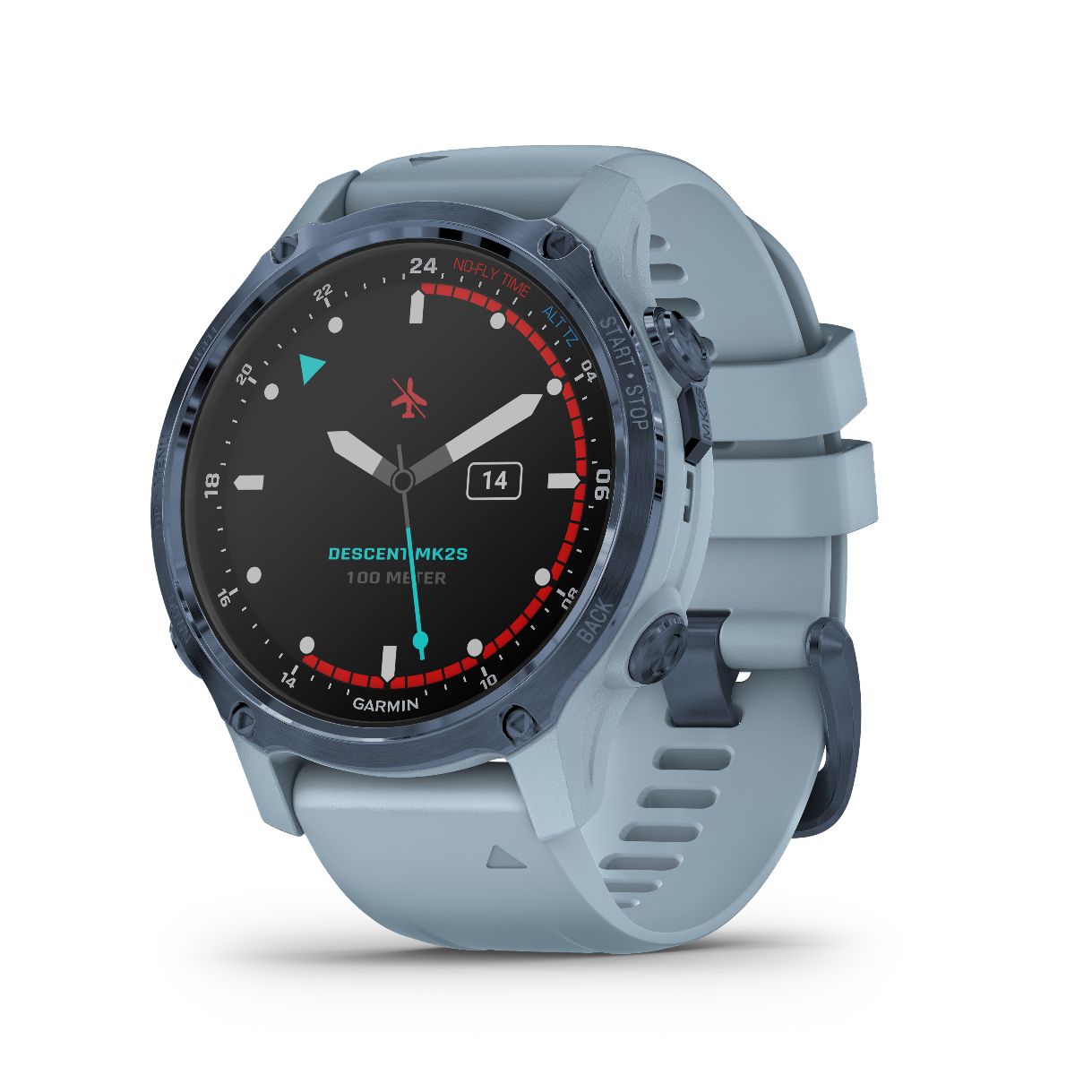 Garmin Descent Mk2S marine smartwatch with mineral blue case and sea-foam silicone band