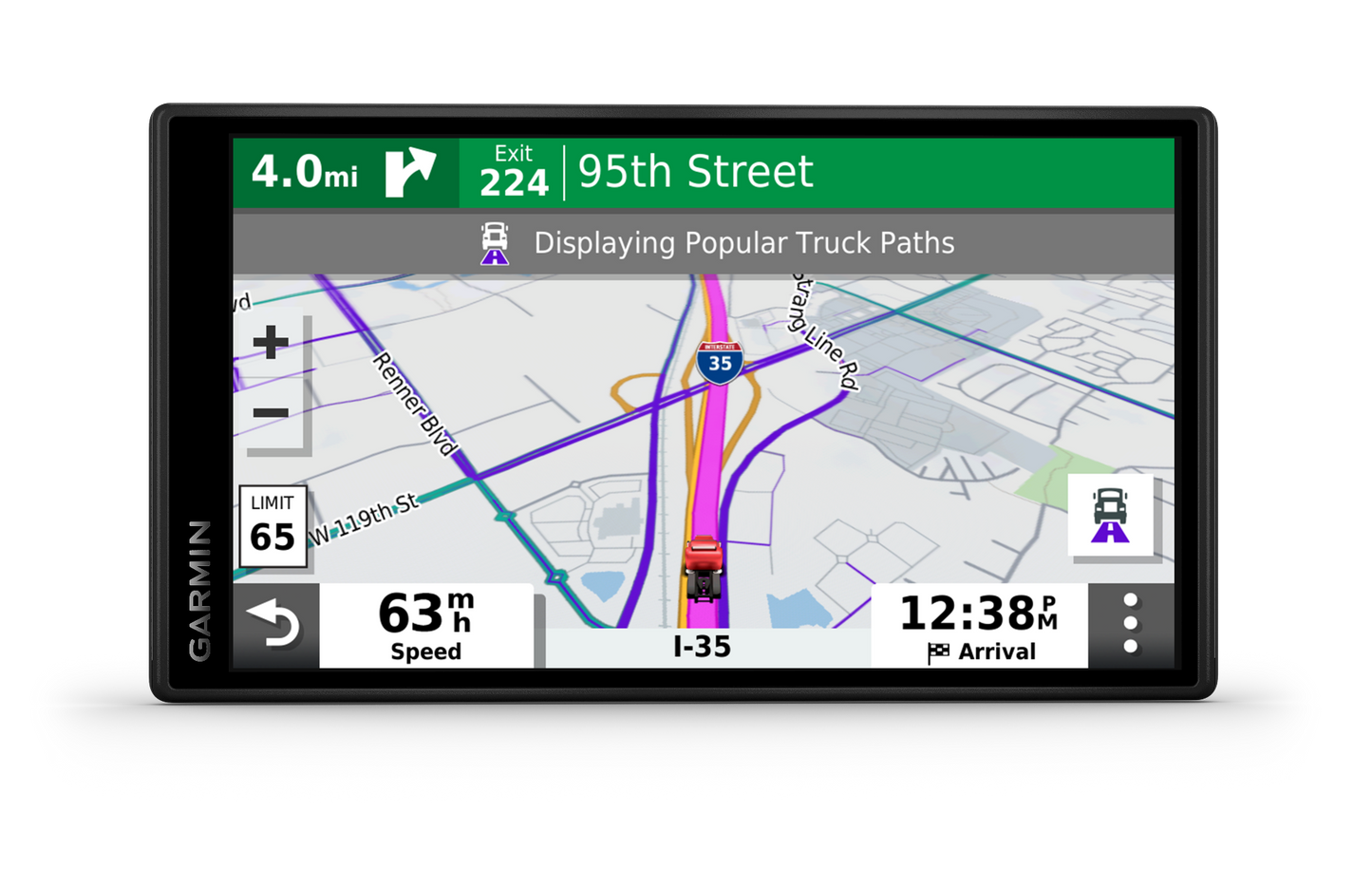 Garmin dēzl OTR500 trucking GPS navigator with a 5-inch screen, showing truck routes on a detailed map.