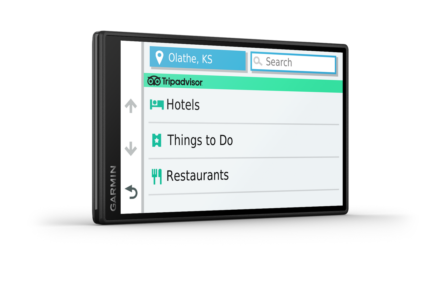 Garmin dēzl OTR500 trucking GPS, 5-inch display; screen shows TripAdvisor, Hotels, Things to Do, Restaurants