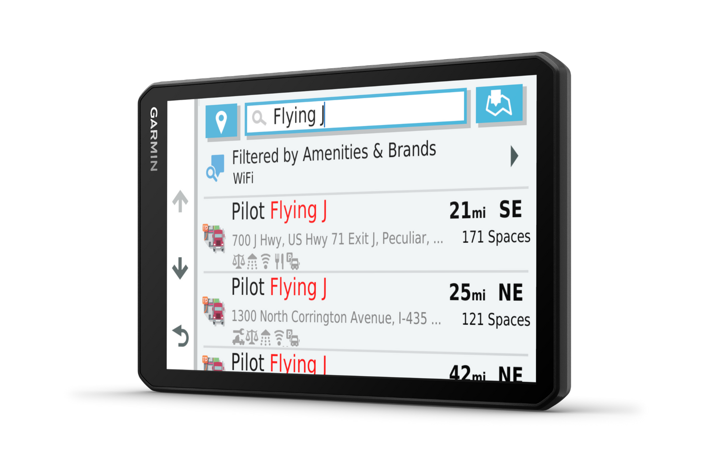 Garmin Dezl OTR700 trucking GPS navigator with 7-inch screen shows nearby Pilot Flying J locations