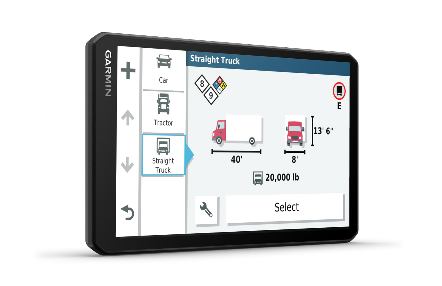 Garmin Dezl OTR700 trucking GPS navigator with 7-inch screen showing 3 vehicle icons and straight-truck option