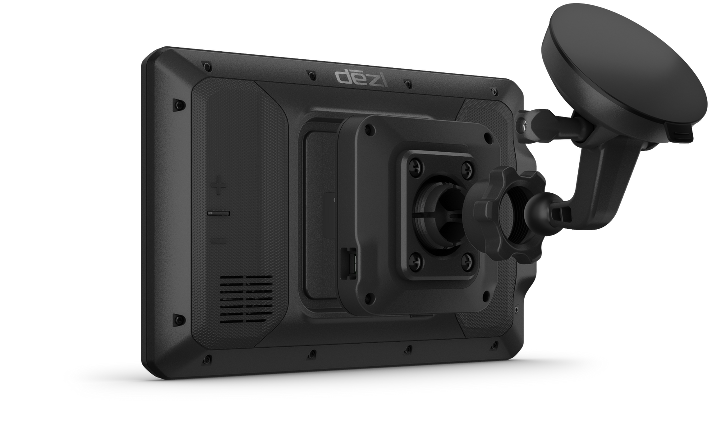 Garmin dezl OTR800 truck GPS navigator with black back and suction-mount arm