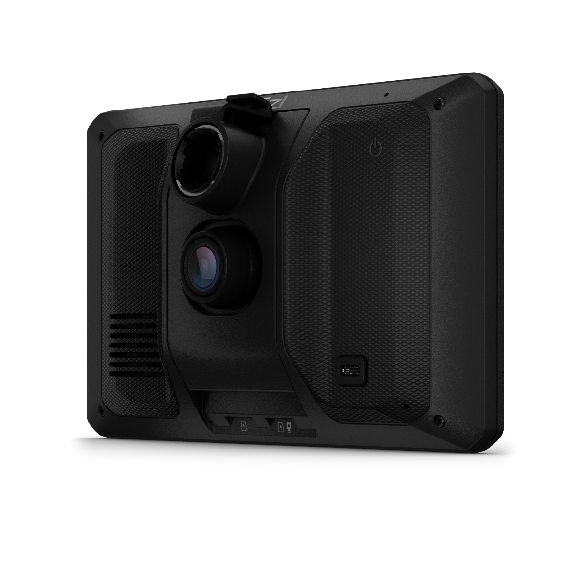 Garmin dezlCam OTR710 trucking GPS navigator, black back view with dual cameras and USB-C port