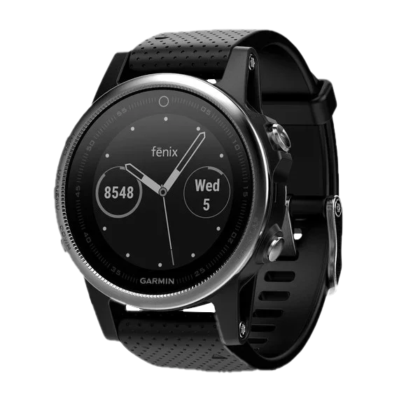 Garmin Fenix 5S GPS smartwatch, silver case with black band, refurbished.