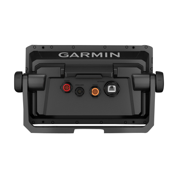 Garmin ECHOMAP 92sv UHD2 marine chartplotter back panel with red, orange, and silver connectors