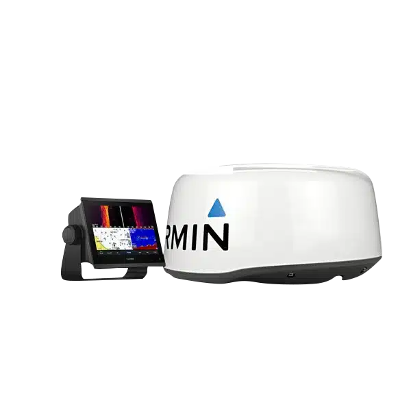 Garmin GPSMAP 1243xsv marine chartplotter with white dome-style unit and display