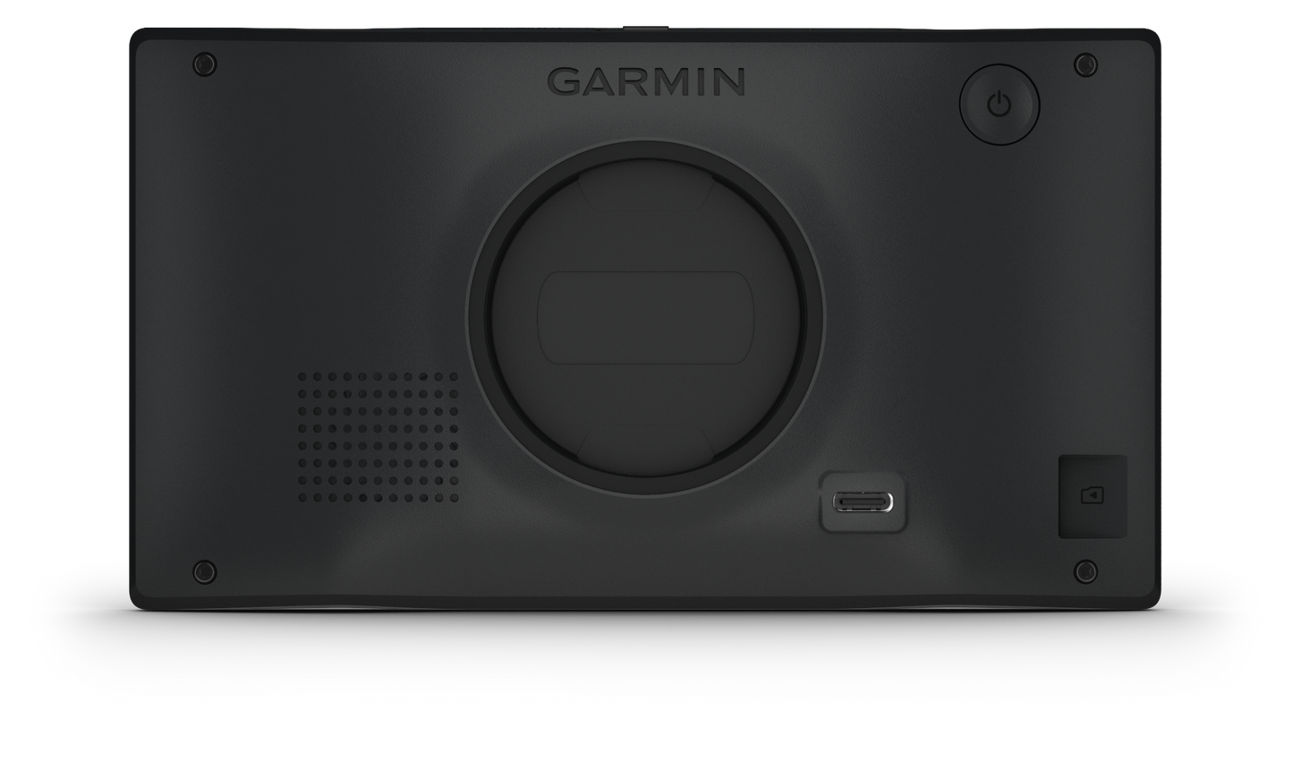 Garmin DriveSmart 76 back view in black with circular mounting plate, speaker grille, USB port, and power button