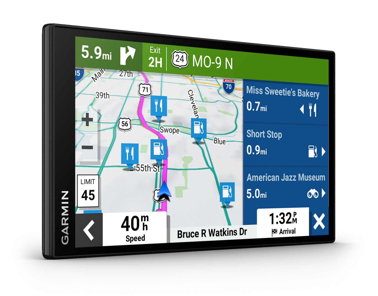 Garmin DriveSmart 76 7-inch GPS navigator; black device with map display and blue side panel.