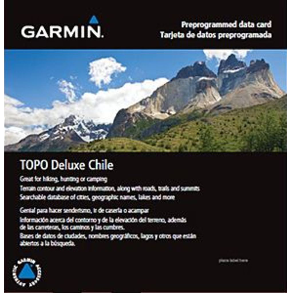 Garmin TOPO Deluxe Chile map card for GPS devices with a mountain landscape cover.