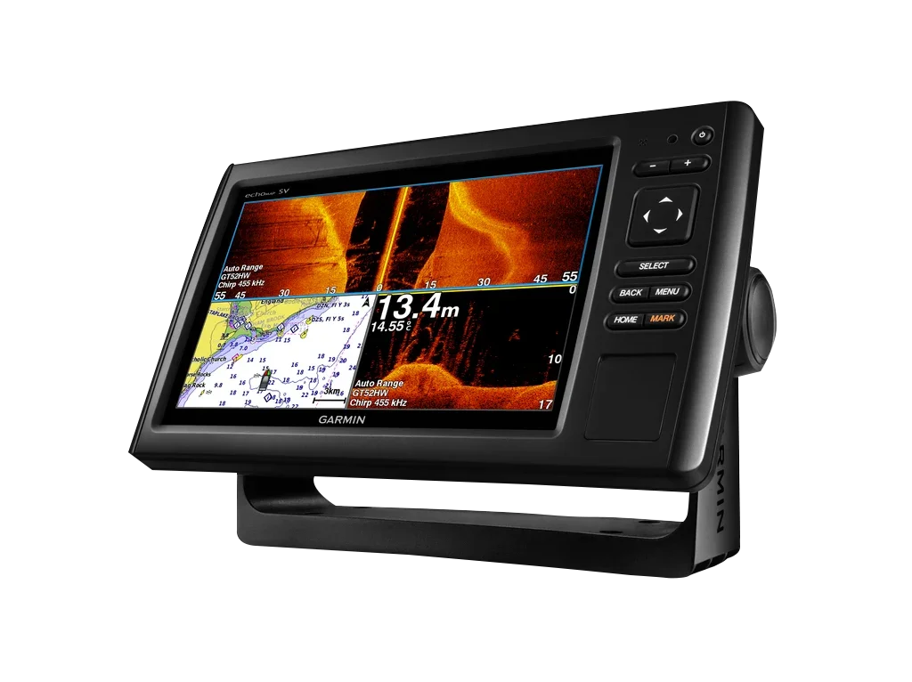 Garmin ECHOMAP CHIRP 92sv marine chartplotter with transducer, black unit