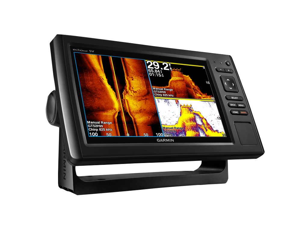 Garmin ECHOMAP CHIRP 93sv marine chartplotter with transducer, black display