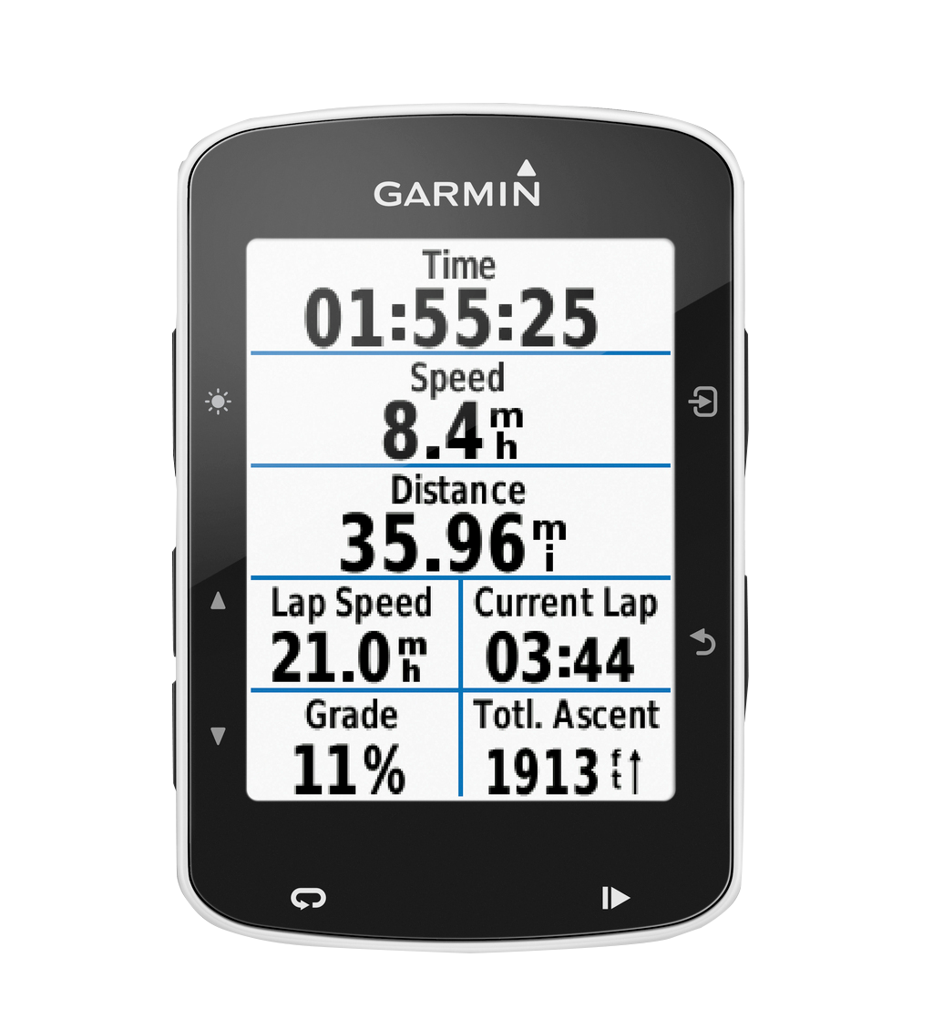 Garmin Edge 520 cycling computer, black body with white data screen showing time, speed, distance.