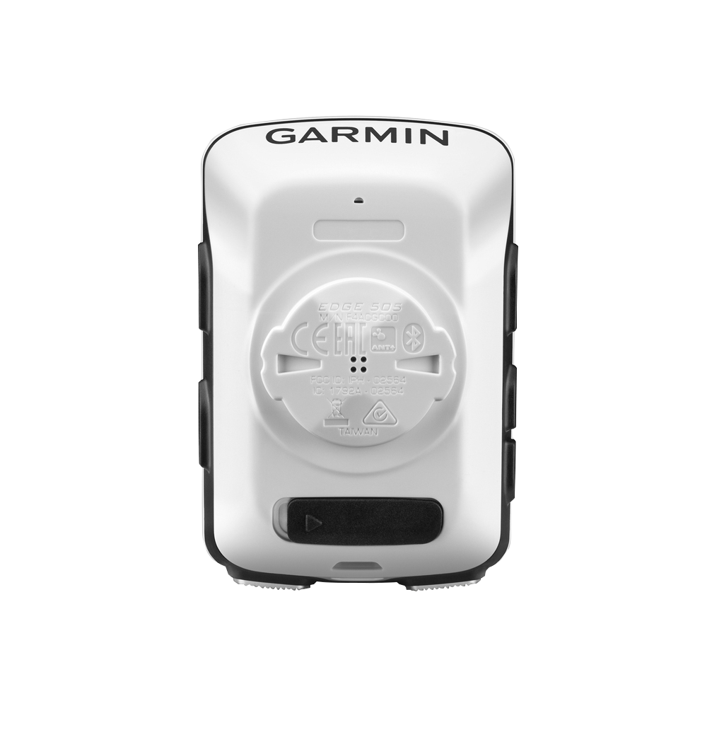 Garmin Edge 520 bicycle computer, white plastic case with Garmin logo on back
