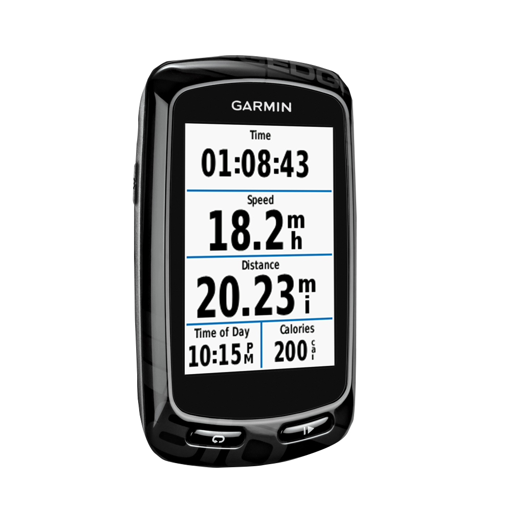 Garmin Edge 810 bike computer, black refurbished unit with screen showing time, speed and distance.