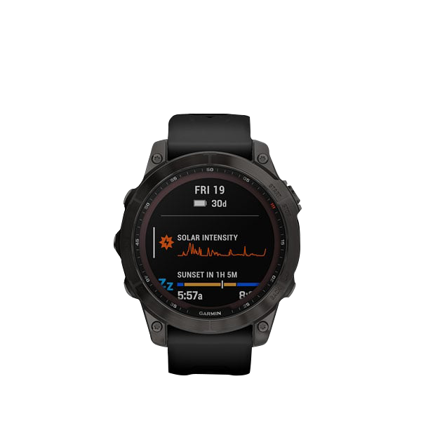Garmin Fenix 7 Sapphire Solar smartwatch, carbon gray titanium case with black band, Garmin Certified Refurbished