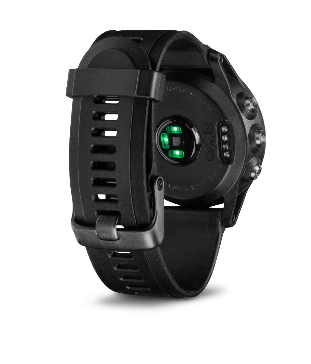 Garmin Fenix 3 HR smartwatch with sapphire lens, black strap, back view shows green heart-rate sensors.