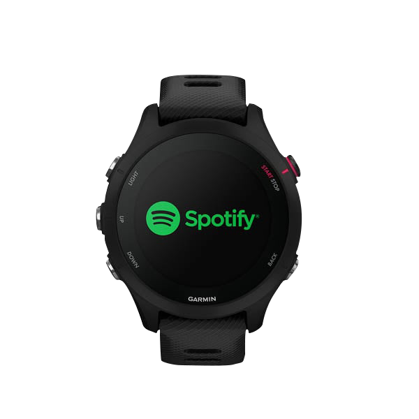 Garmin Forerunner 255S Music GPS running smartwatch, black with red accents, Garmin Certified Refurbished.