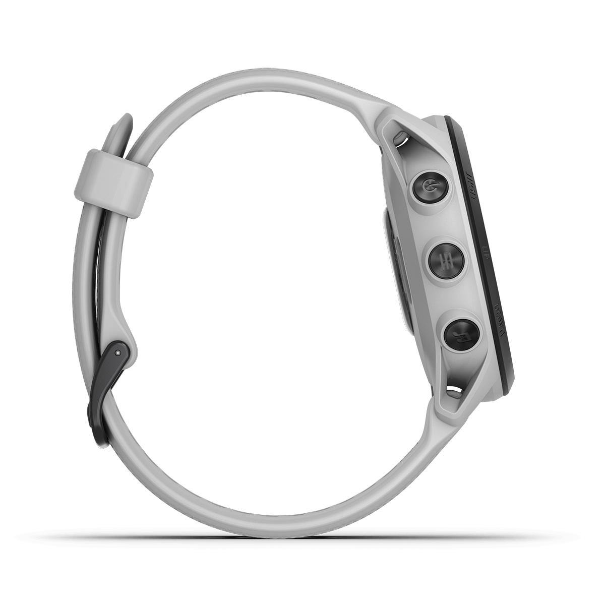 Garmin Forerunner 745 smartwatch, Whitestone color with gray band, side view