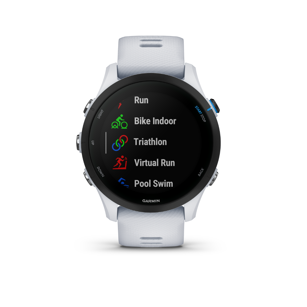 Garmin Forerunner 255 Music smartwatch, Whitestone with white strap, displaying Run/Bike/Triathlon menu