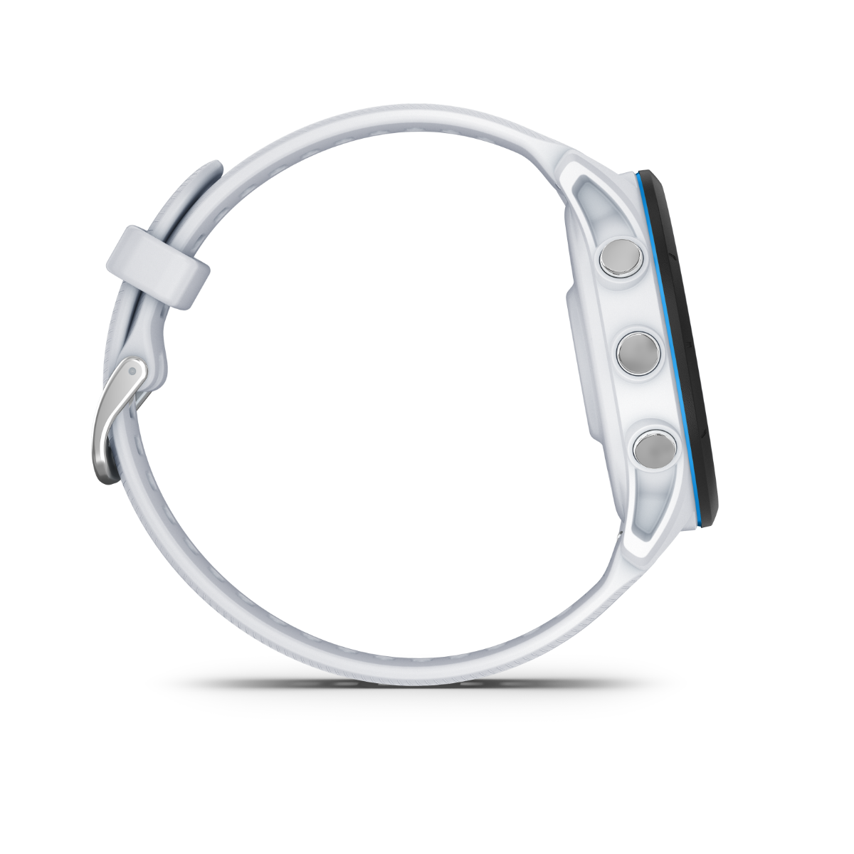 Garmin Forerunner 255 Music smartwatch, Whitestone color with white strap, side profile view