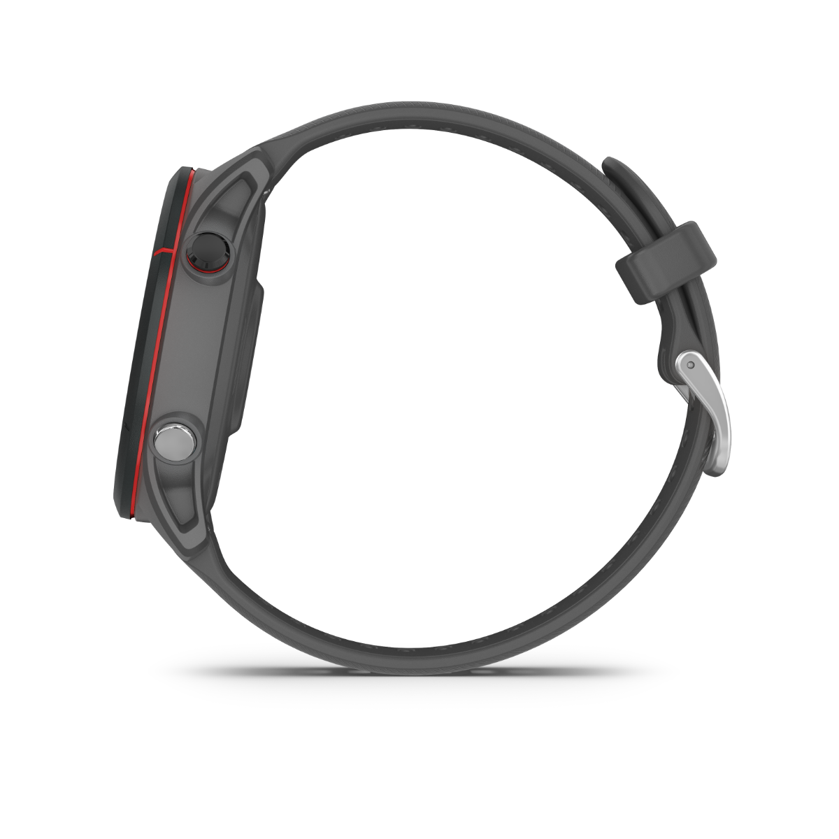 Garmin Forerunner 255 smartwatch, slate gray body with red accent, side view