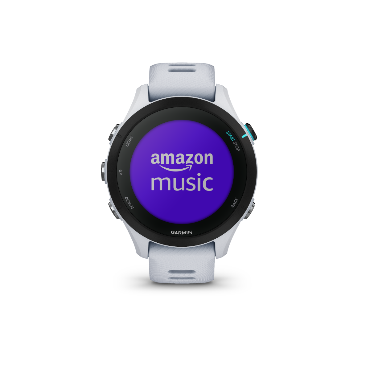 Garmin Forerunner 255S Music smartwatch with white strap and Amazon Music on display