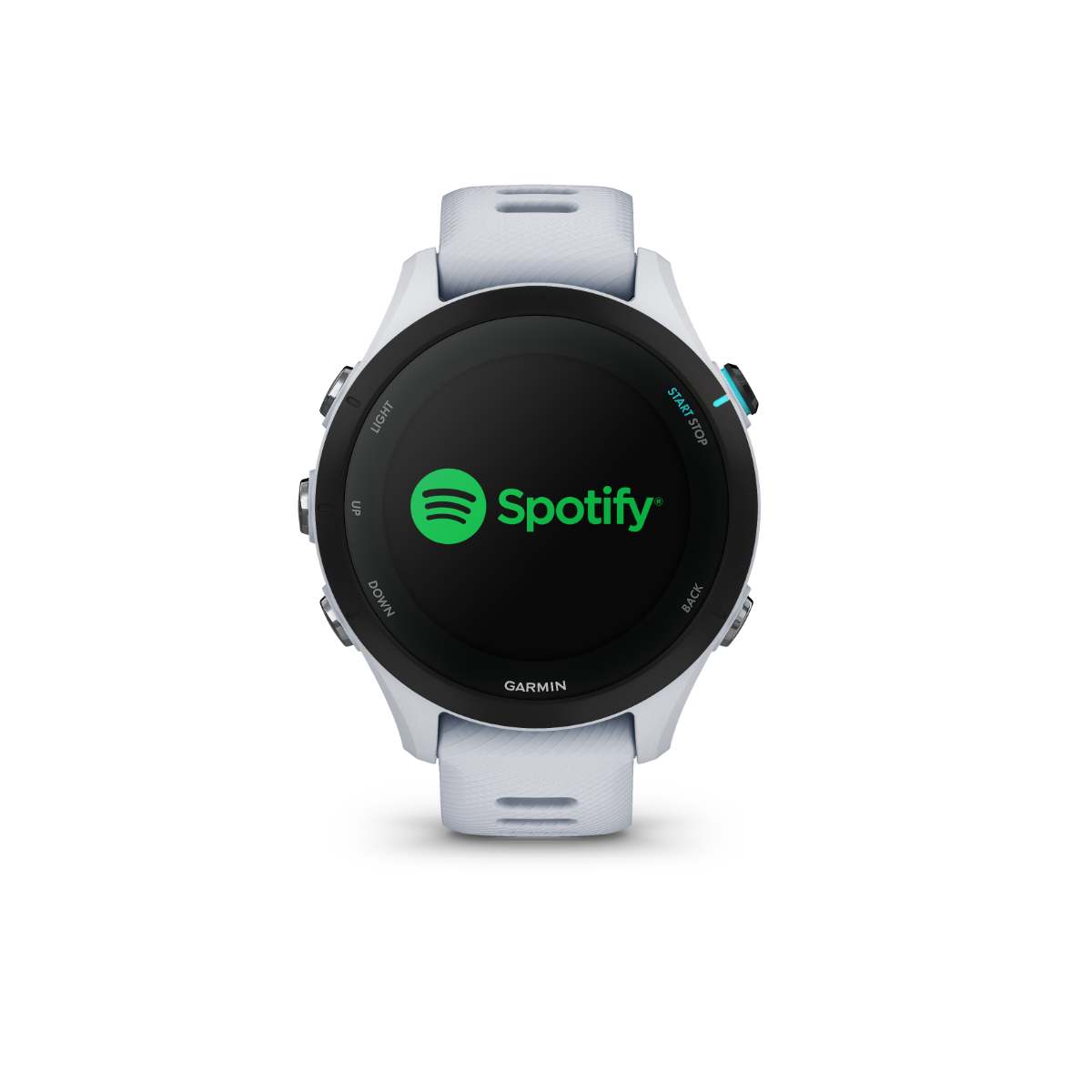 Garmin Forerunner 255S Music smartwatch with white Whitestone strap and Spotify on display