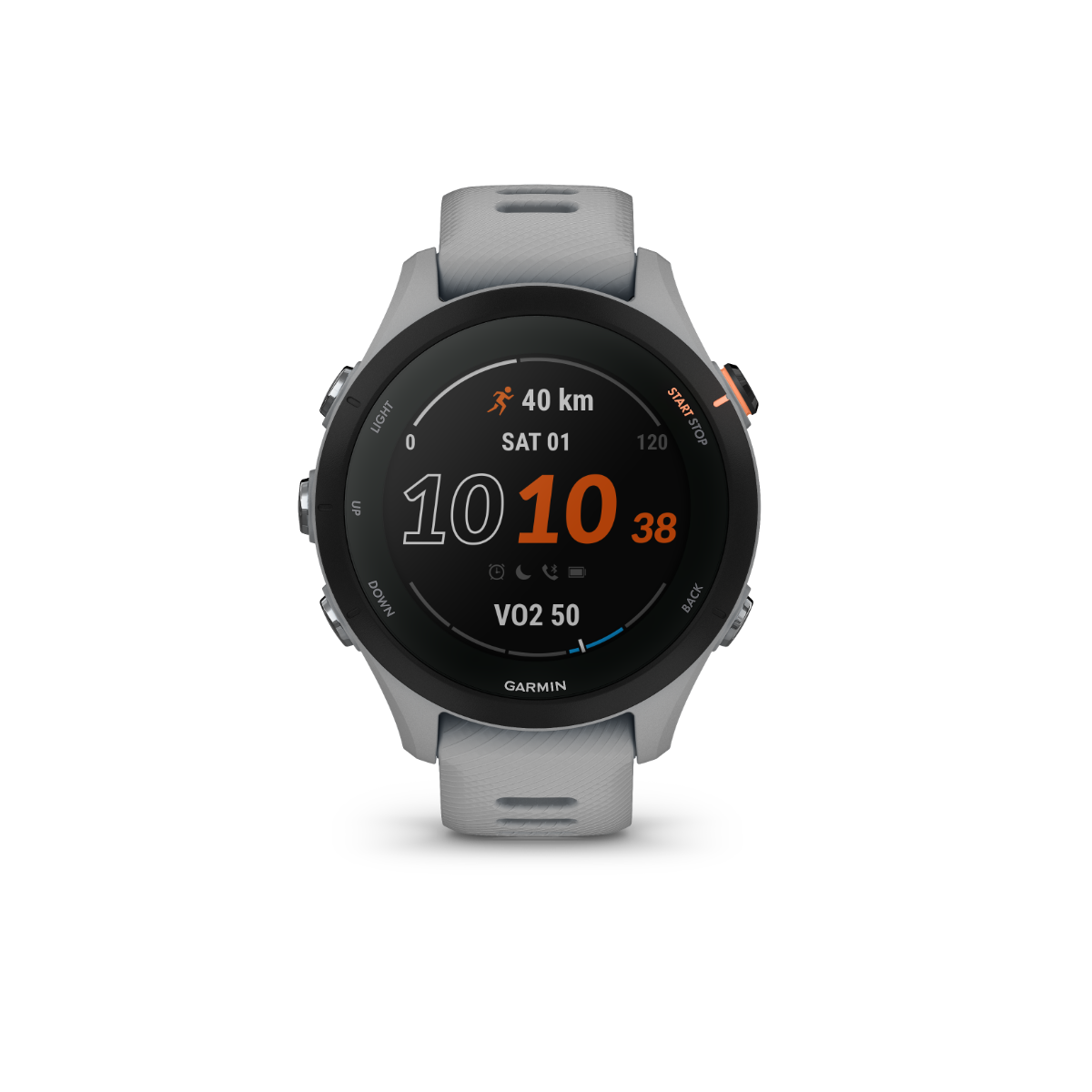 Garmin Forerunner 255S smartwatch in powder gray with GPS fitness tracking for runners
