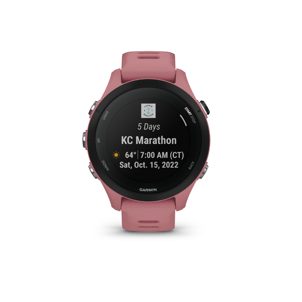 Garmin Forerunner 255S smartwatch with light pink strap and black bezel displaying KC Marathon details