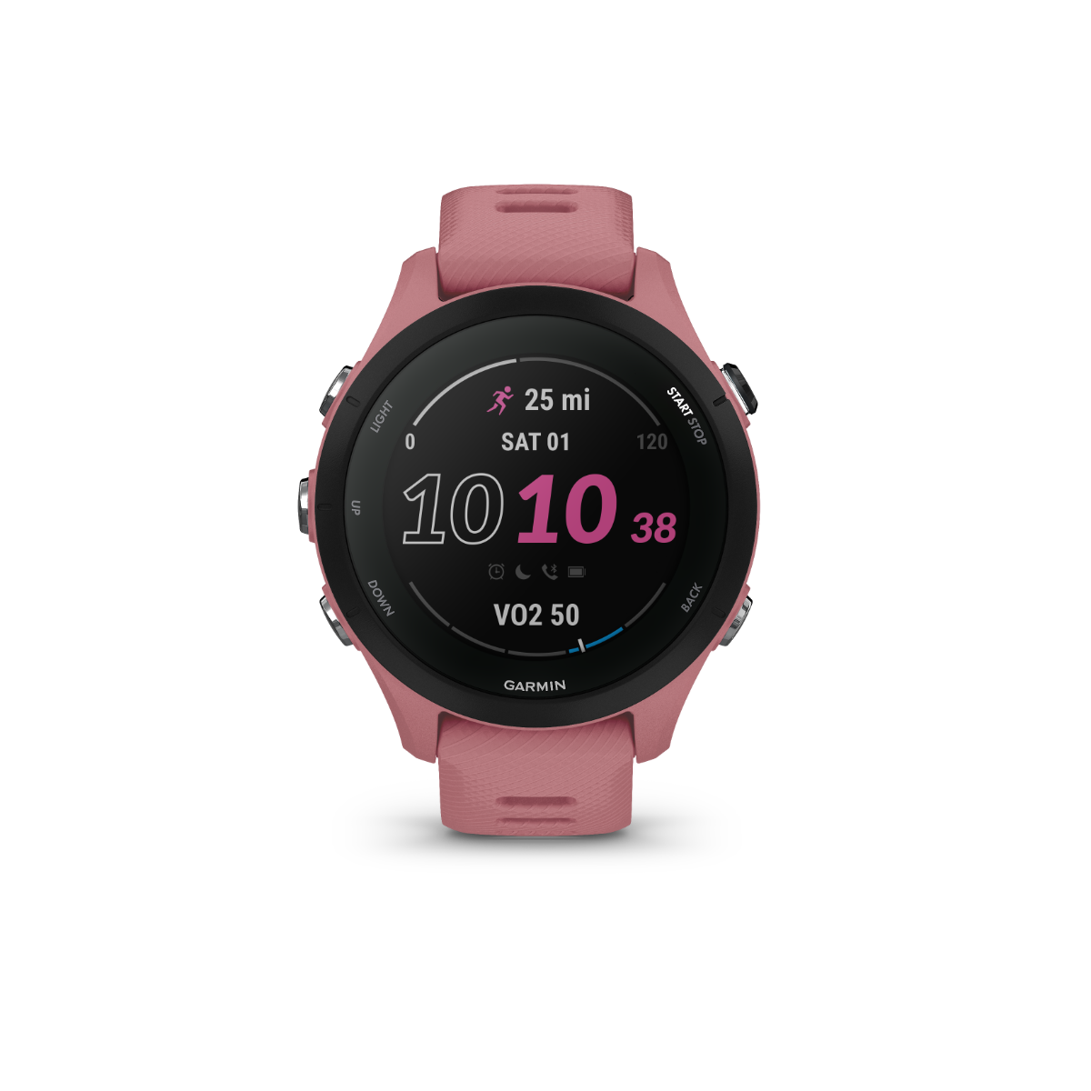 Garmin Forerunner 255S smartwatch with light pink band and black bezel, round display, GPS fitness watch for runners