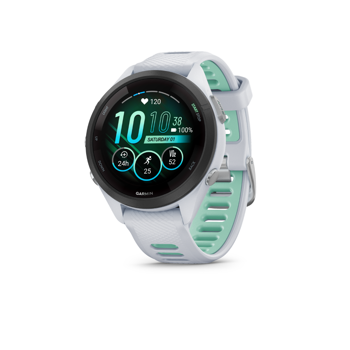 Garmin Forerunner 265S smart watch, black bezel with Whitestone/Neo Tropic band, certified refurbished