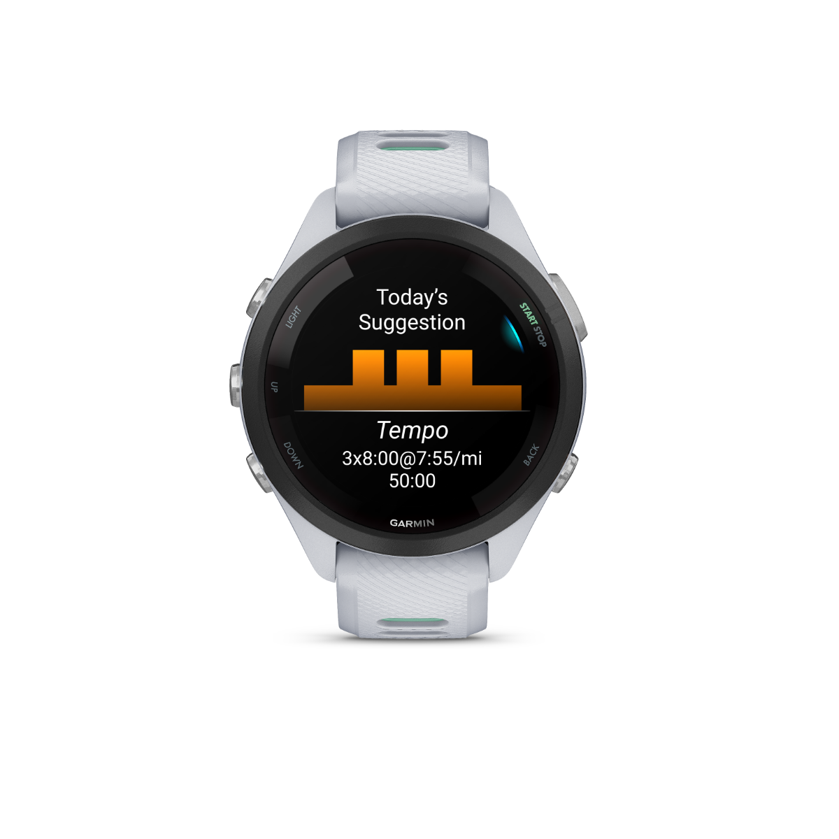 Garmin Forerunner 265S smartwatch with black bezel and Whitestone/Neo Tropic strap, Garmin Certified Refurbished