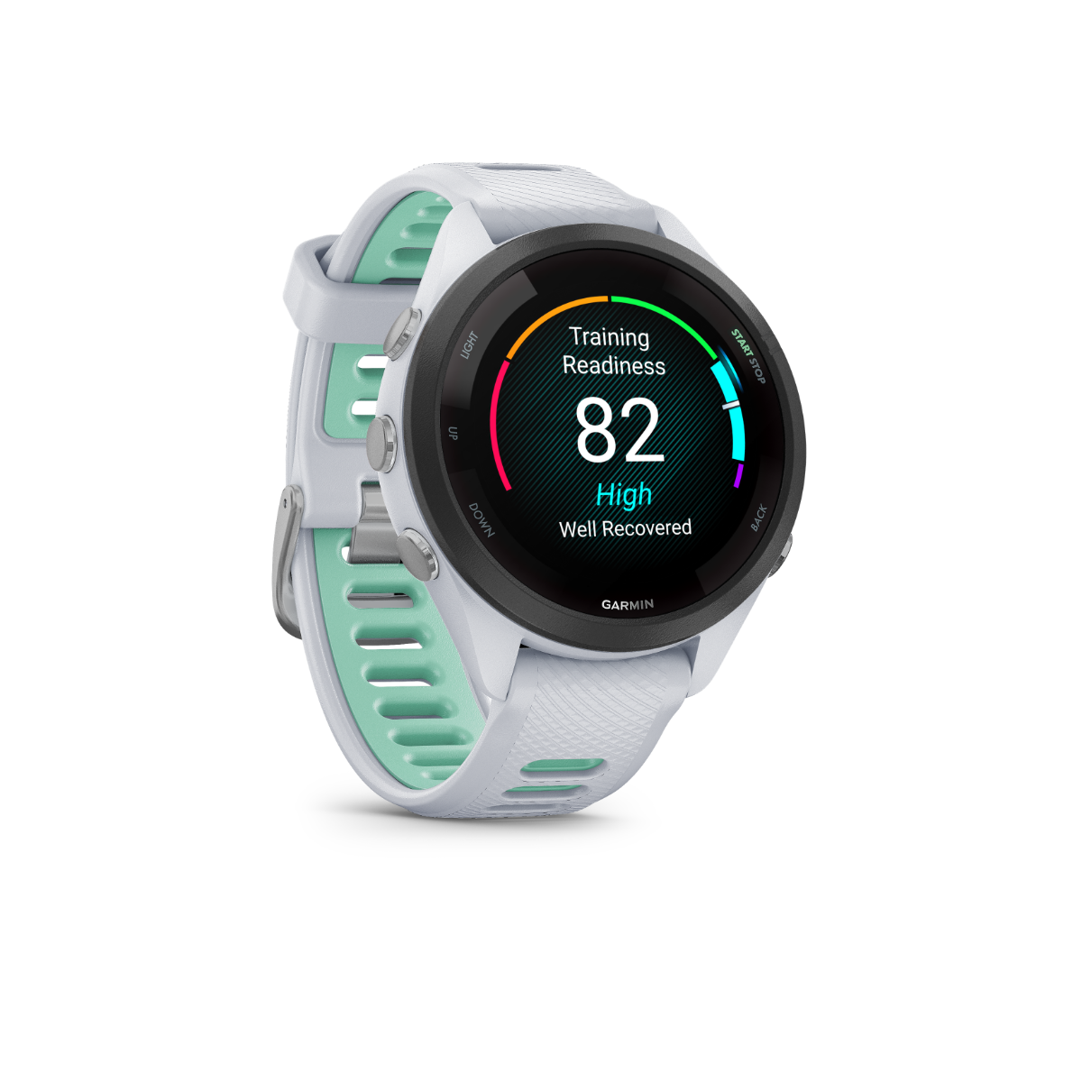Garmin Forerunner 265S smartwatch with white case and Whitestone/Neo Tropic strap, Garmin Certified Refurbished