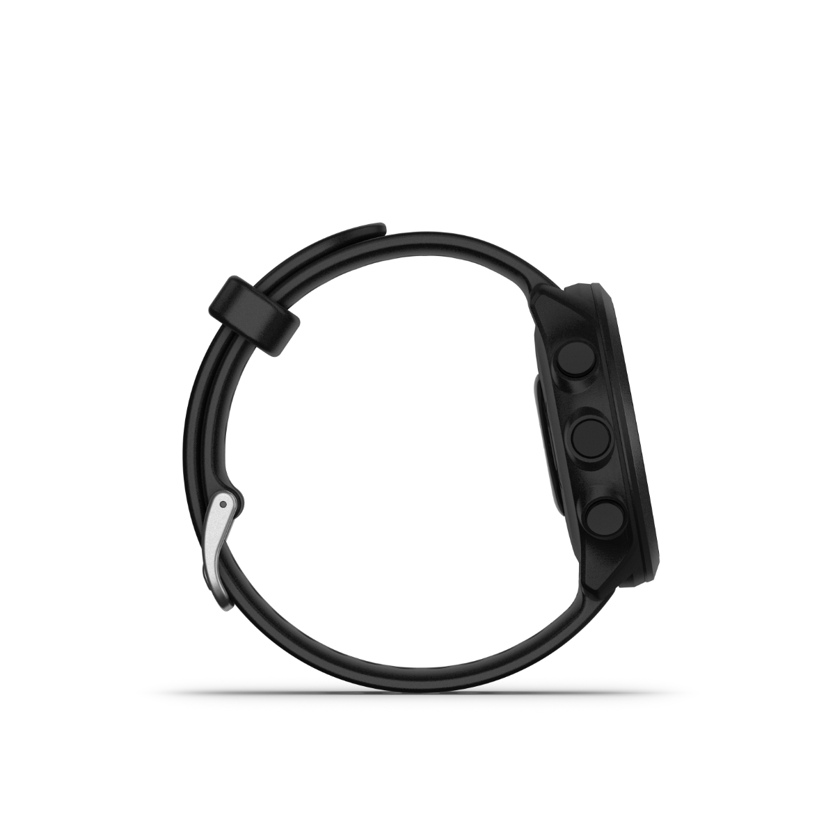Garmin Forerunner 55 GPS smartwatch, black band with silver buckle, side view
