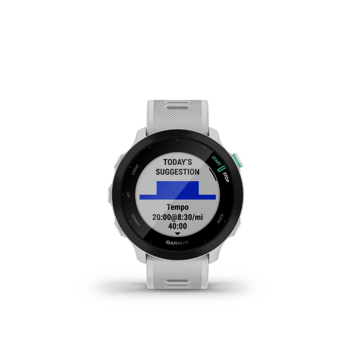 Garmin Forerunner 55 GPS fitness smartwatch, white band, round black bezel displaying today’s suggestion