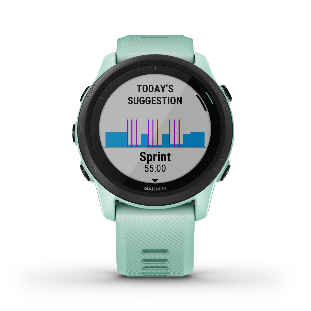 Garmin Forerunner 745 Neo Tropic smartwatch with mint-green strap