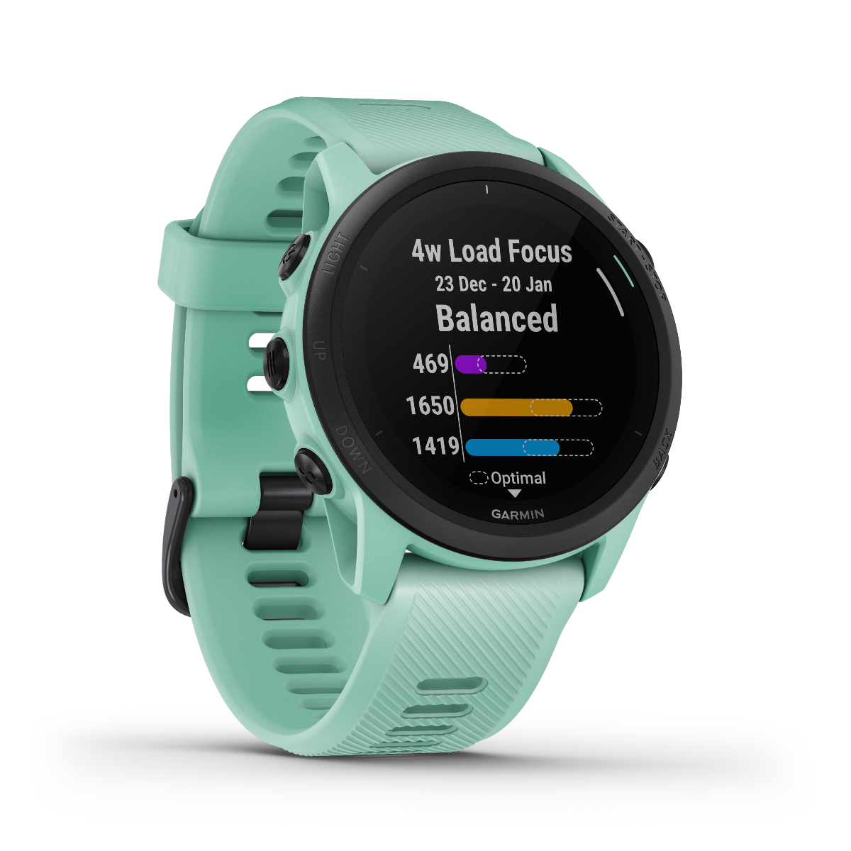 Garmin Forerunner 745 Neo Tropic smartwatch with turquoise strap