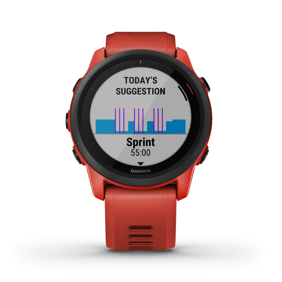 Garmin Forerunner 745 Magma Red smartwatch with red silicone band