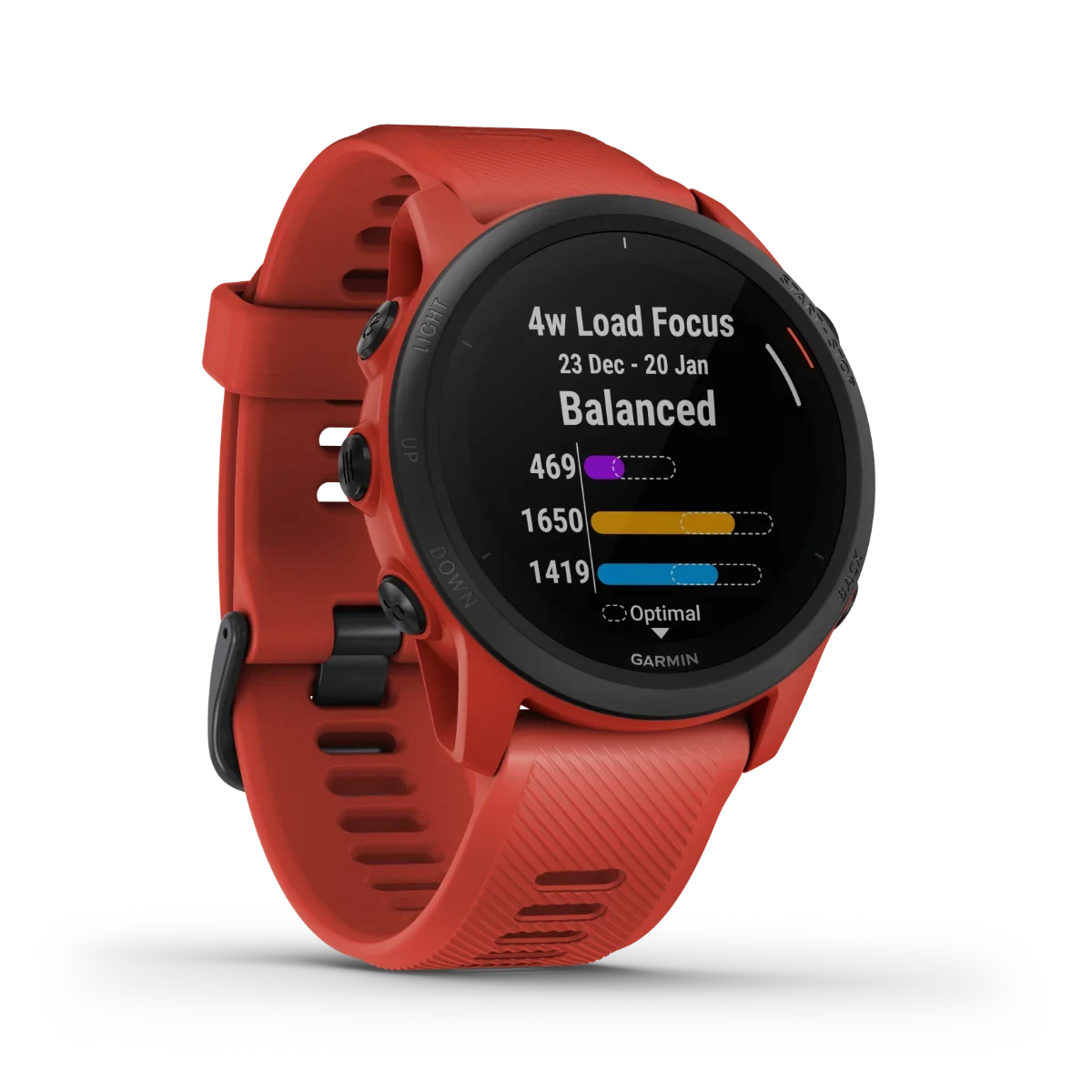 Garmin Forerunner 745 red GPS smartwatch with black bezel and red strap, certified refurbished