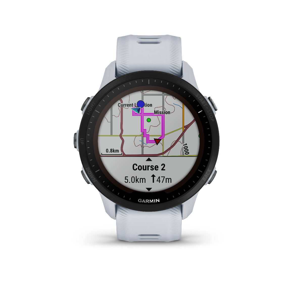 Garmin Forerunner 955 Solar Whitestone smartwatch with light gray strap and map display