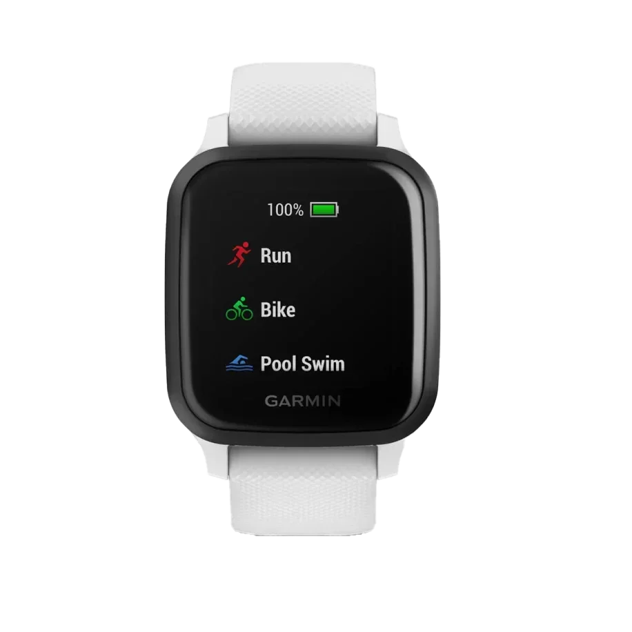 Garmin Venu Sq Music Smartwatch, slate bezel with white band, Garmin Certified Refurbished