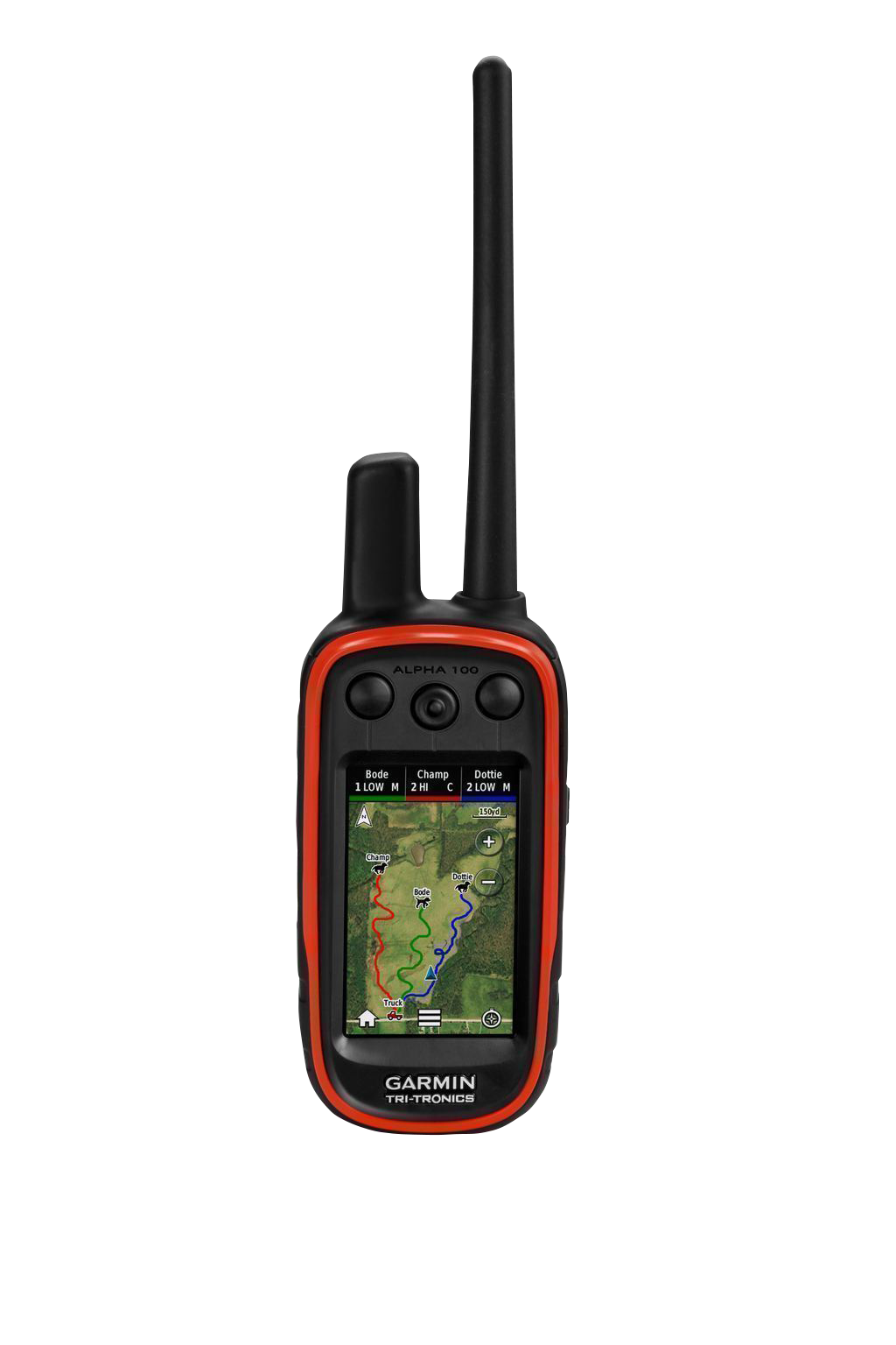 Garmin Alpha 100 handheld GPS device with red trim and tall antenna