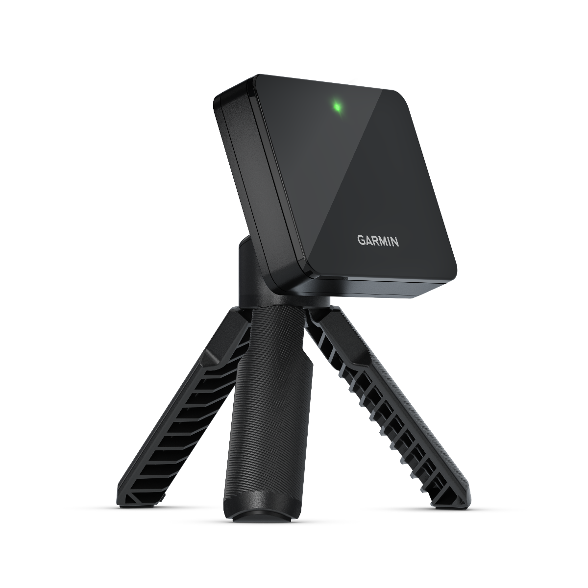 Garmin Approach R10 golf swing trainer on a black tripod stand