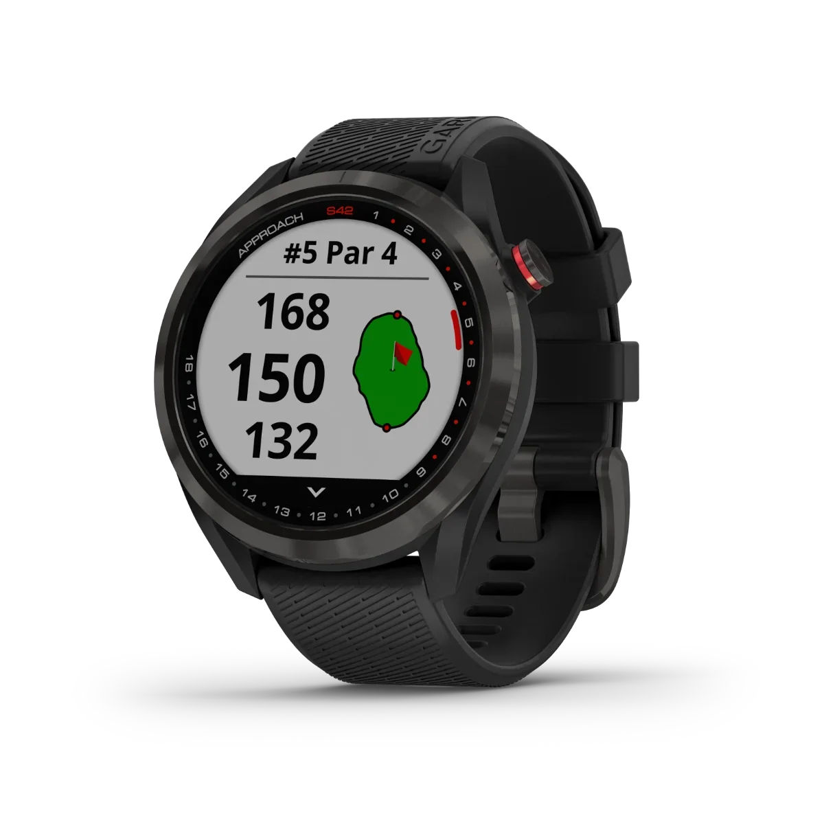 Garmin Approach S42 golf GPS smartwatch with gunmetal case and black band, rangefinder