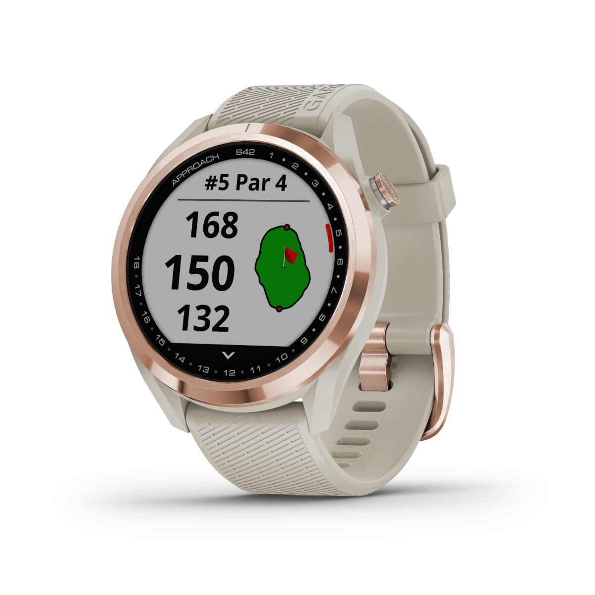 Garmin Approach S42 rose gold golf GPS smartwatch with beige strap and built-in rangefinder, certified refurbished