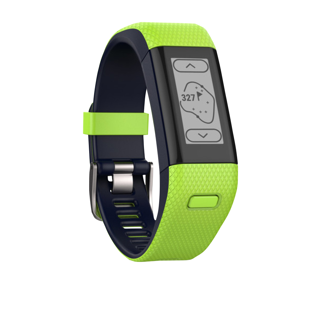 Garmin Approach X40 golf GPS smartwatch with lime green and midnight blue band.