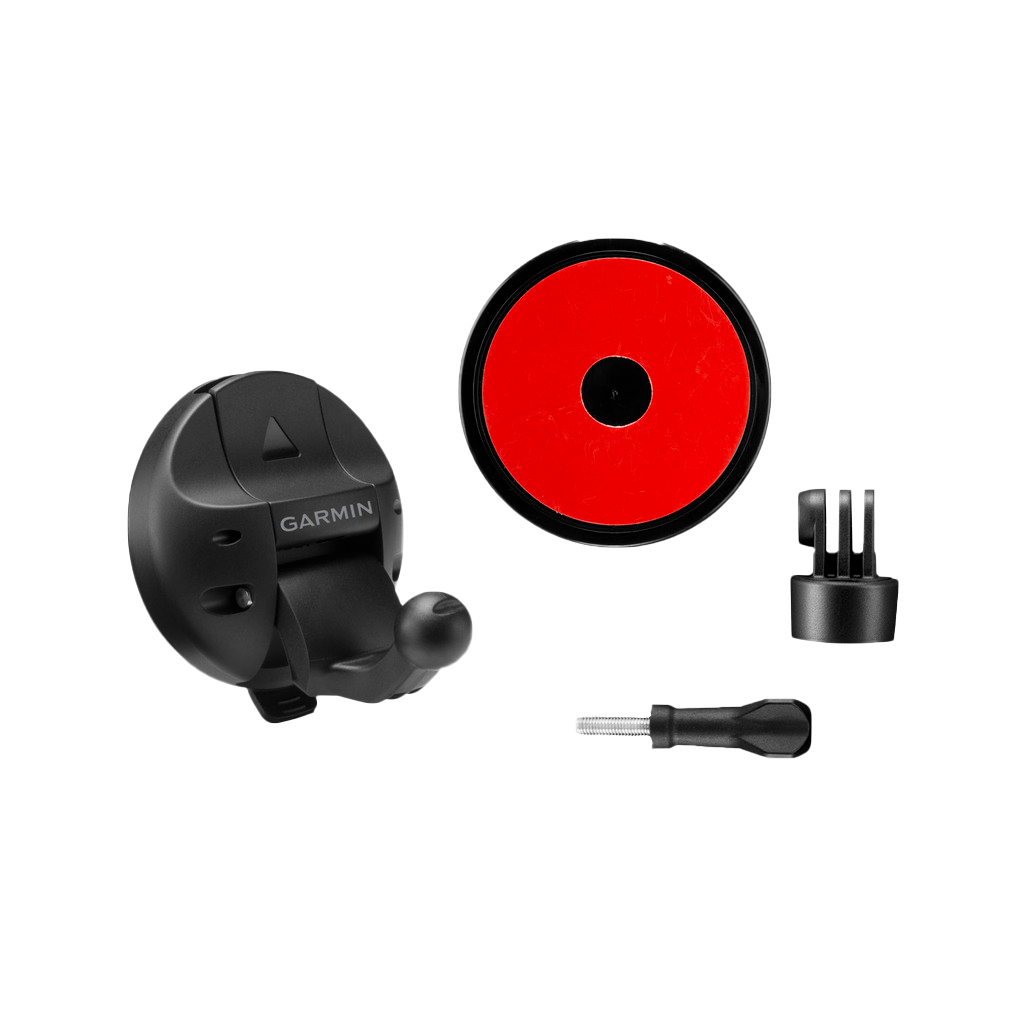 Garmin Auto Dash Suction Mount for VIRB kit with red circular mounting disk and adapters