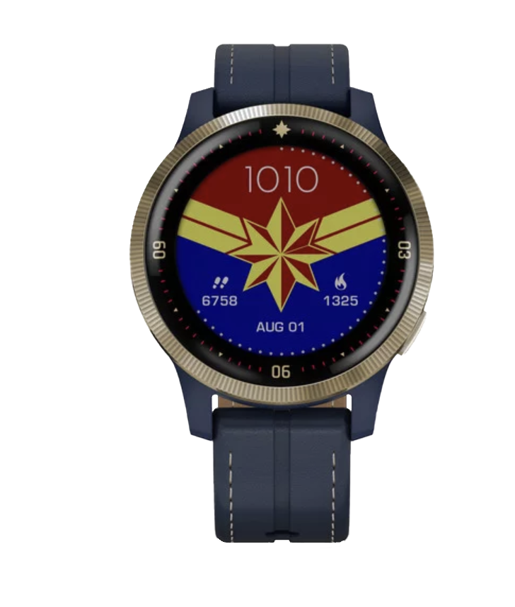 Garmin Vivoactive smart watch with Captain Marvel Legacy face, blue strap, gold bezel.