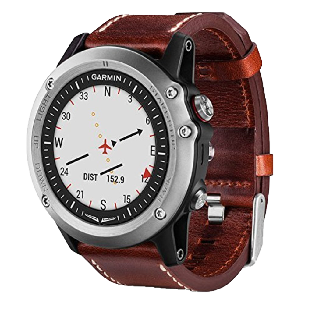 Garmin D2 Bravo GPS aviation smartwatch with brown leather strap and silver bezel (refurbished)