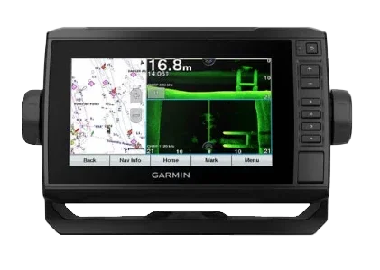 Garmin ECHOMAP UHD 72sv marine chartplotter, black GPS unit with chart and sonar display and mounting bracket.